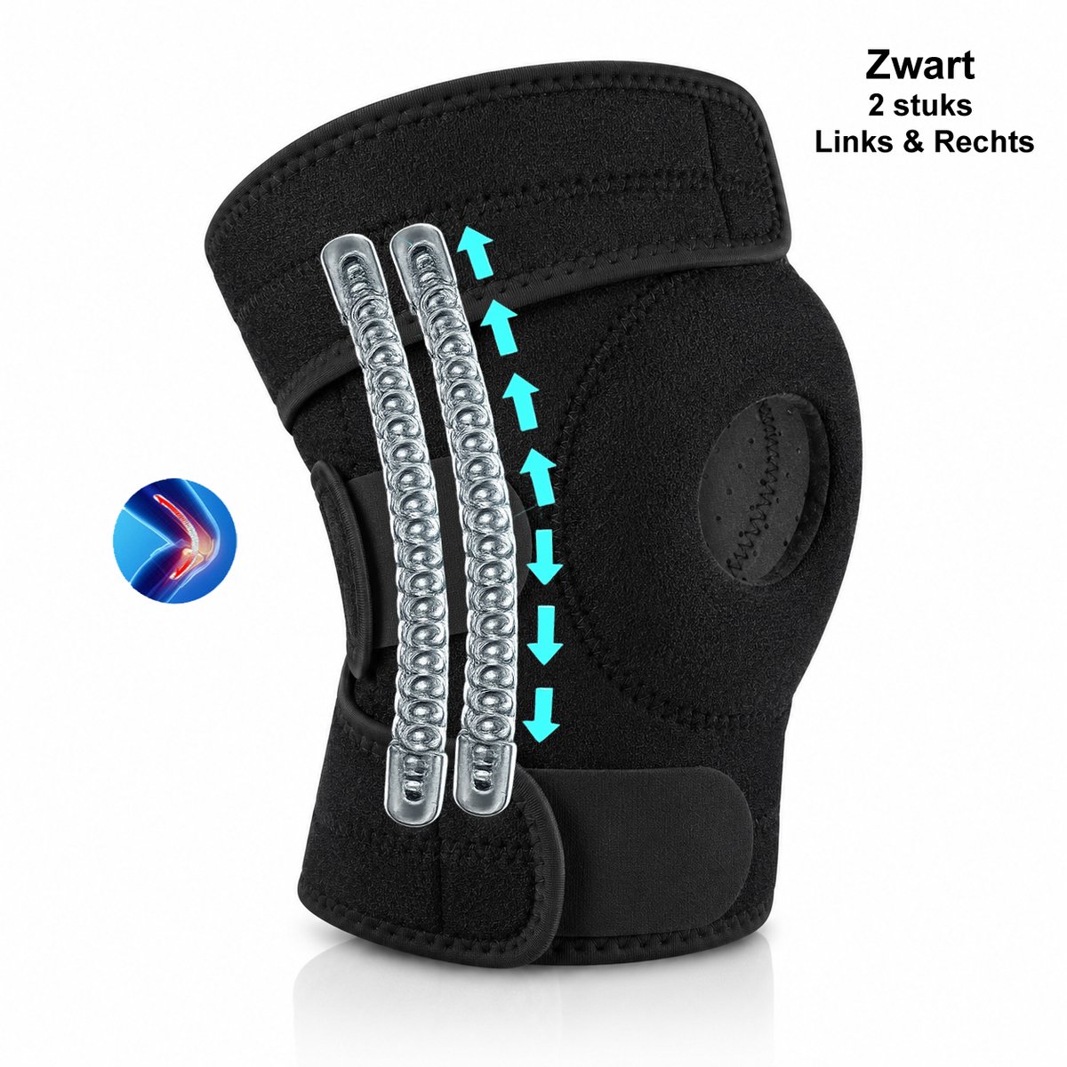 Kniebrace met Zijstabilisatoren – 2 Stuks - Voor Links & Rechts - Verstelbare Ademende Kniebandage – Ondersteuning bij Sport, Meniscus, Patella en Kniepijn - Patellabrace - Patellabandje - Een maat - Zwart