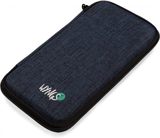 Blauw "WYNGS" etui met rits, op een witte achtergrond.