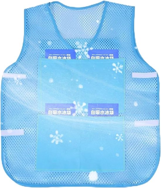 Blauw ademend koelvest met mesh-stof, voorvakken met ijspakken en sneeuwvlokpatroon.