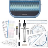 Blauw etui met geometrische patronen, inhoud: geometrische set met liniaal, gradenboog, geodriehoeken, passer, stift, gum en sjabloon.