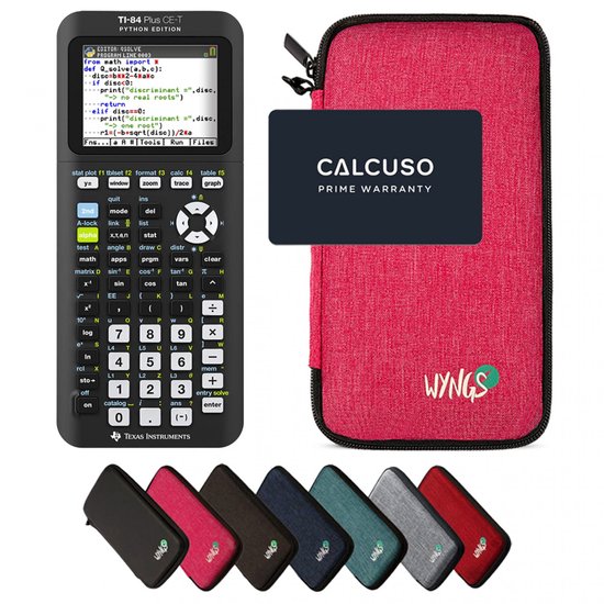 TI-84 Plus CE-T Python Edition rekenmachine, roze beschermhoes met WYNGS logo, CALCUSO garantiekaart en vijf andere beschermhoezen in verschillende kleuren.