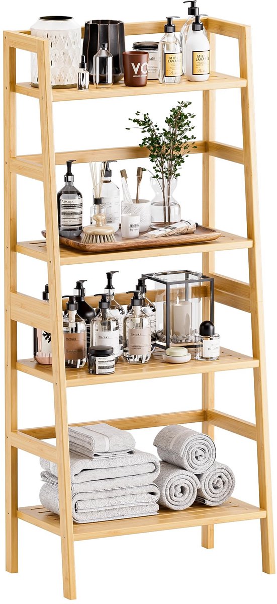 Dailygoods- Boekenplank 4-Tier - Vrijstaand - Bamboe - Ruimtebesparend - Sterk en duurzaam - Tot 15kg per plank - Ladderplank