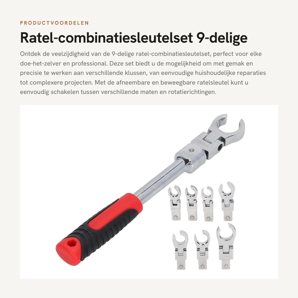 Dailygoods- Combinatiesleutelset 9-delig - Ratelkoppen 8 stuks - CR V-structuur - Afneembaar - Beweegbaar - 176 mm Handvat - Ratelsleutel