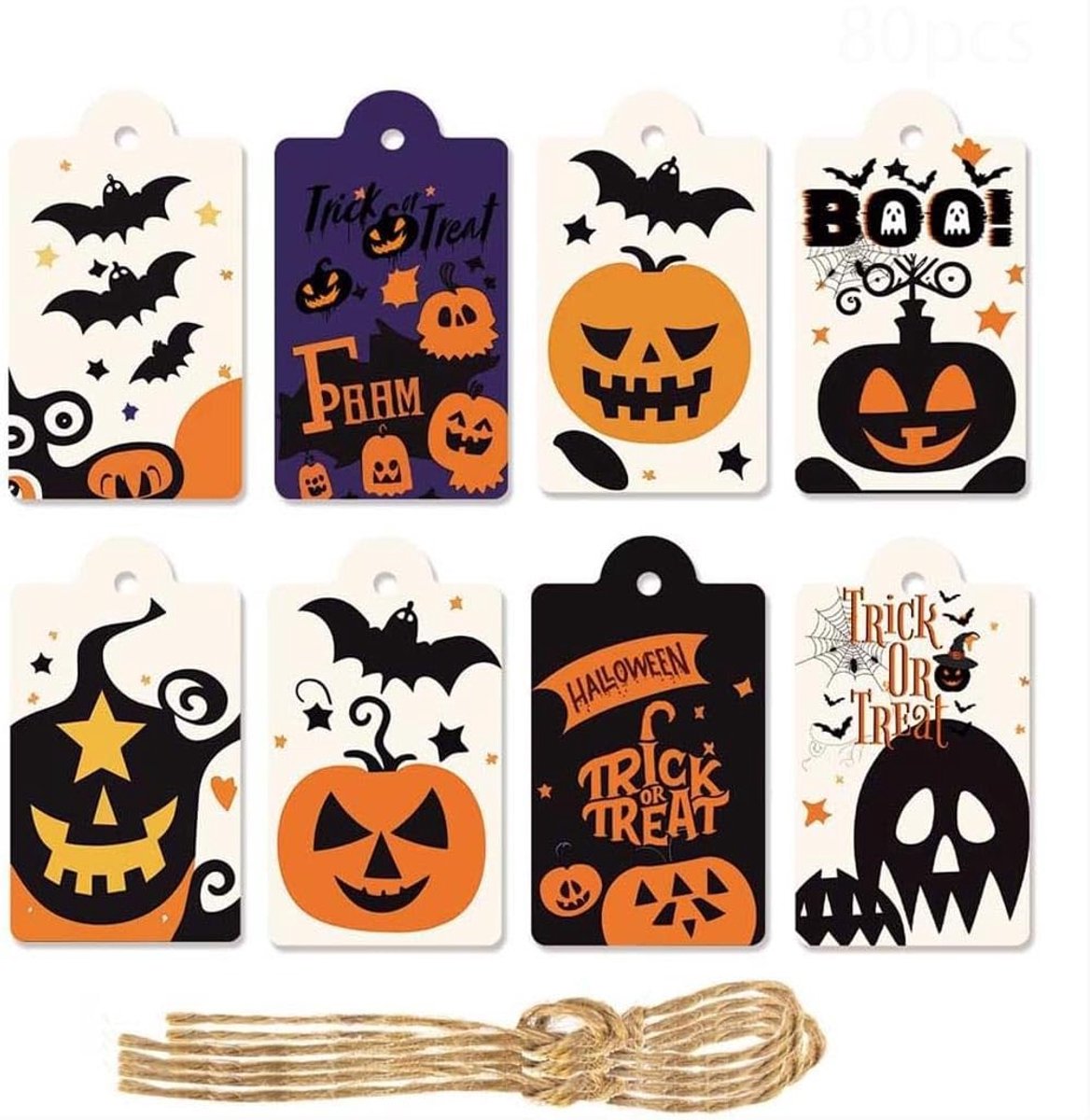 Dailygoods- Cadeaulabels 80 Stuks - Halloween Labels - Papieren Labels - Gepersonaliseerde Tags - Pompoen/Bat Patroon - Met Touw - Geschenklabels