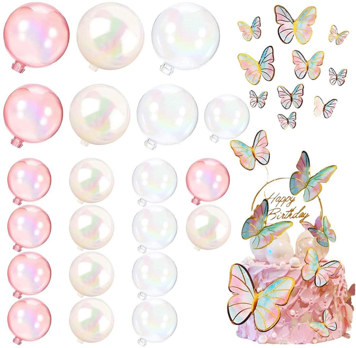 Dailygoods - Taartdecoratie ballen 24 stuks taartdecoratie verjaardagsballen cupcake-topper kleurrijke transparante bal + 10 stuks vlinders taartdecoraties + 1 stuk ronde verjaardagskaart voor doe-het-zelf