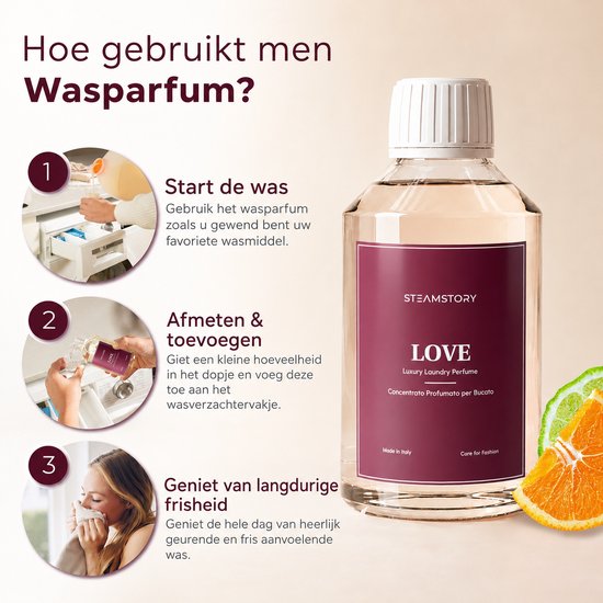 Fles Steamstory Wasparfum Love met sinaasappel, bergamot en witte bloemen. Illustraties van wassen en genieten van de geur.