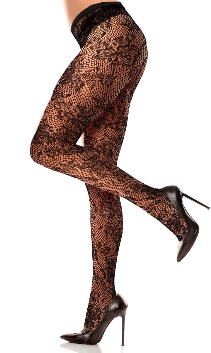 Dailygoods- Panty met bloemenkant - Zwarte netkousen - Scheurbestendig - Zijdezacht nylon - Versterkte teennaden - Charmant design