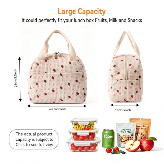 Dailygoods- Lunchtas Grote Geïsoleerde - Herbruikbare Draagtas - Lichtgewicht Voor Werk - 9L Capaciteit - Aardbei/beige - Thermische Retentie - Lunchbox — afbeelding 5