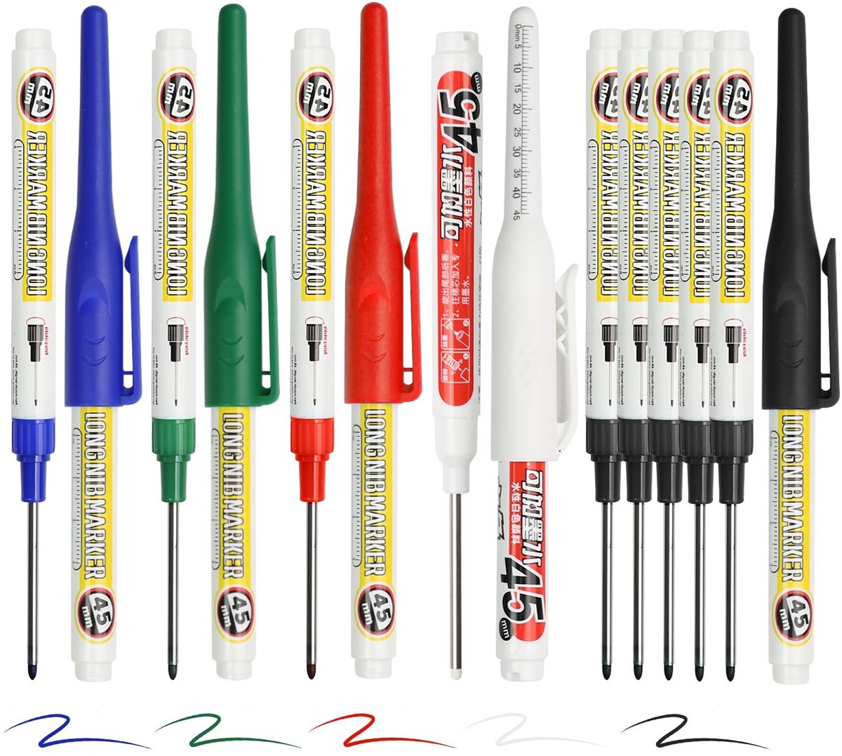 Dailygoods - VINEST Diepe gatmarkers, 14 sets met 45 mm extra lange punt, waterdichte boorgatmarkers, herbruikbare markeerstift, dieptegatmarker voor tegels, metaal, hout, handwerk, steen (groen, zwart, blauw