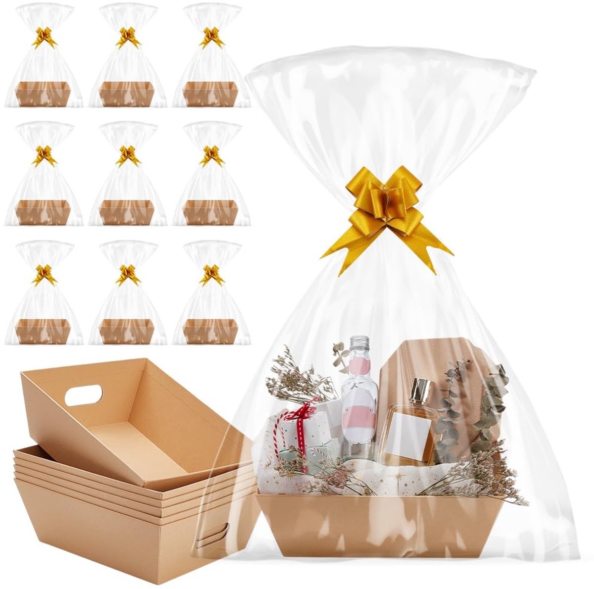 Dailygoods- Geschenkenmand 10 stuks - Papieren Mand - Decoratief Lint - Trapeziumvormig - 25,5x21,5x8 cm - Voor Feestdagen - Cadeaumand