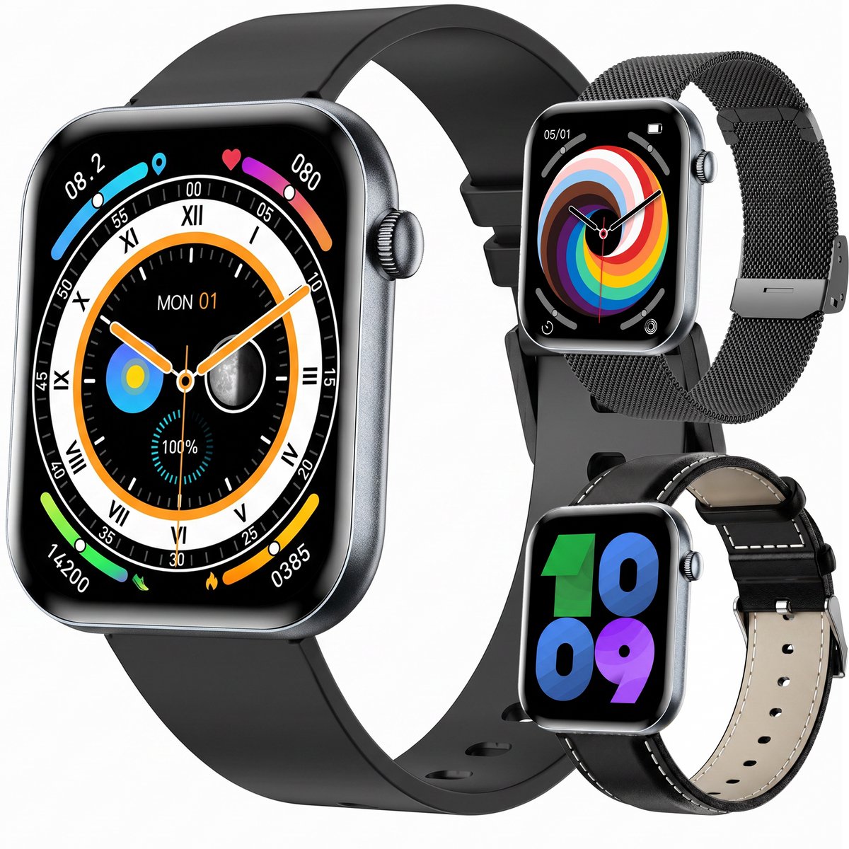Synyq Health Pro - Smartwatch Dames - 1.85”AMOLED - 3 Bandjes - Stappenteller - Hartslagmeter - Bloeddrukmeter - Slaapmonitor - Belfunctie - Multisport - Geschikt voor Android en iOS - Black