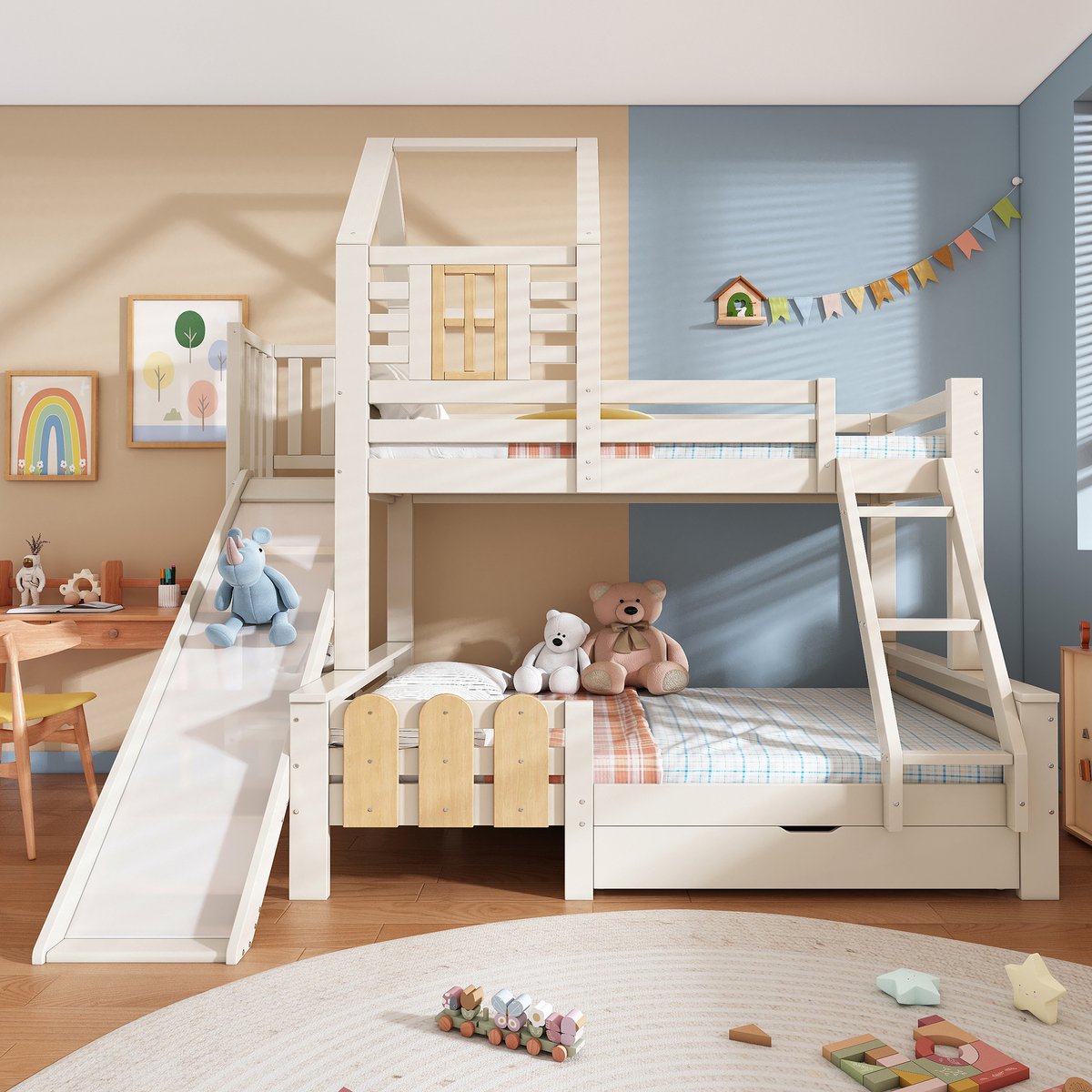 MEUNIQ Stapelbed 90x200 en 140x200 cm met glijbaan, ladder en lade, huisbed met lattenbodem voor kinderkamer, wit en naturel, zonder matras