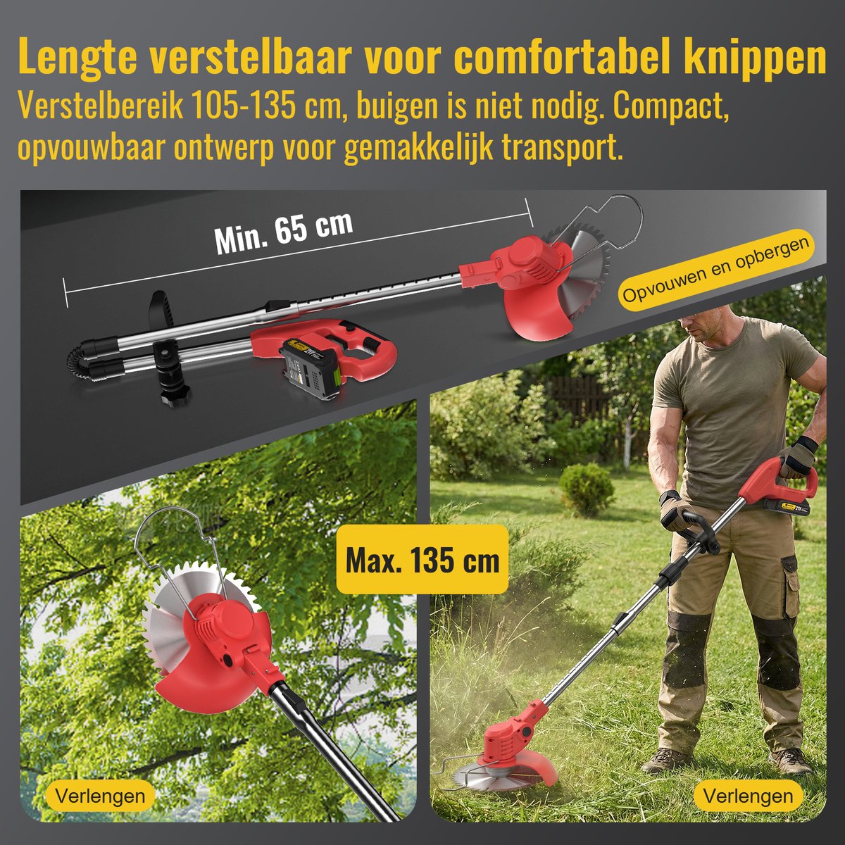CONENTOOL 5-in-1 Accu Grastrimmer 21V 2000mAh - Incl. 2 Accu's & Lader - Opvouwbaar & Kantenmaaier - Draadloze Elektrische Grasmaaier voor Tuin & Bos – foto 4