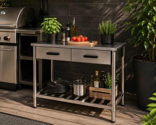 Muntel® Buitenkeuken - Werktafel - 2 Lades en Opbergrek - RVS - 100x50,5x87 cm van Muntel — afbeelding 4