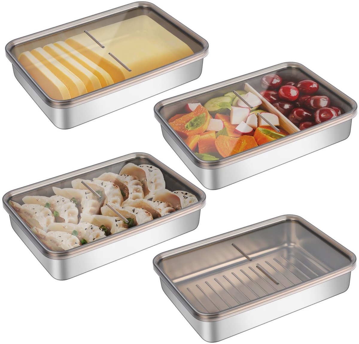 Dailygoods- Bewaardozen Luchtdicht - Set van 4 Roestvrij Stalen Dozen - Koelkastorganizer - Stapelbaar - Vaatwasserbestendig - Voor levensmiddelen - Voedselcontainer
