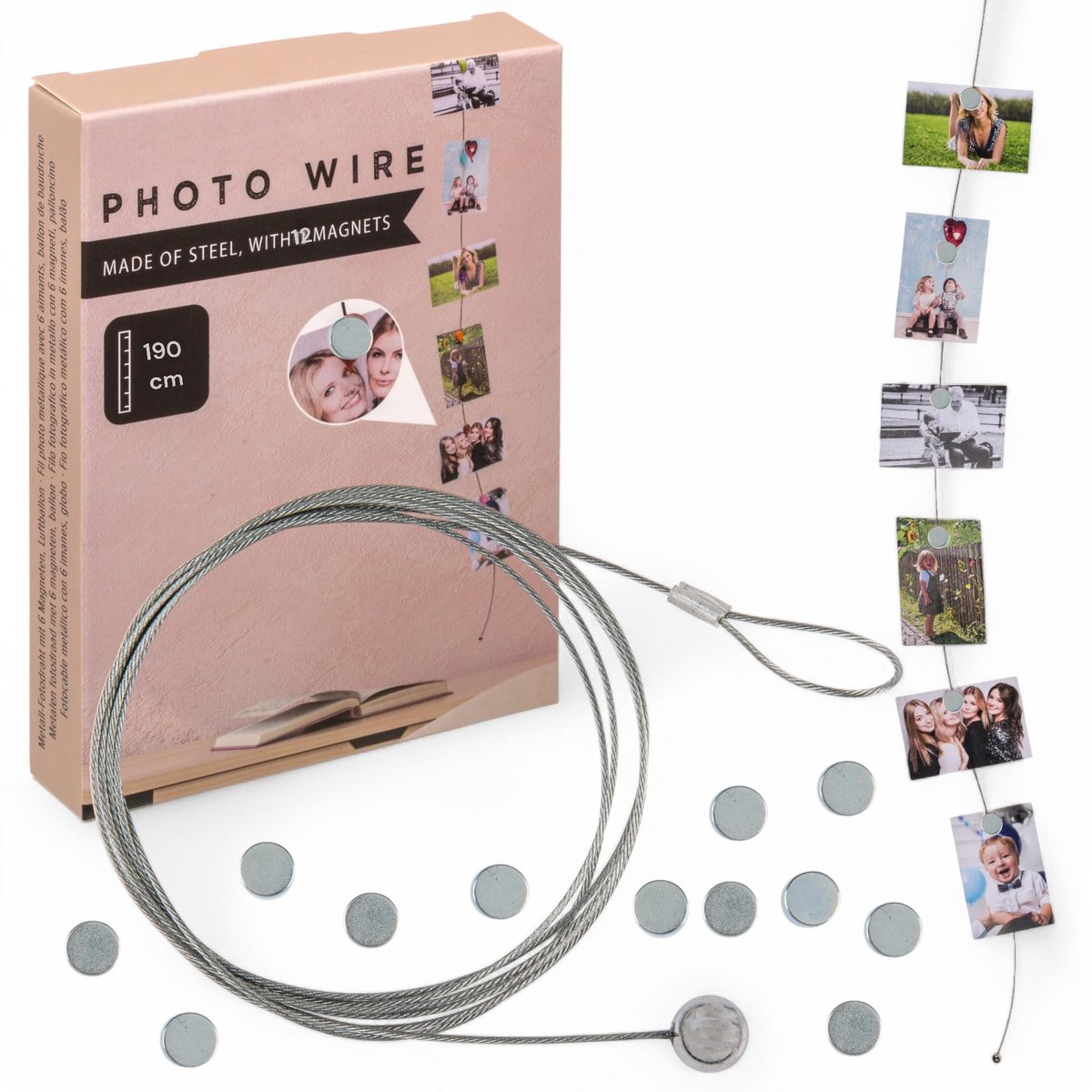 Dailygoods- Fotodraad 190 cm - Stijlvolle Fotoophanging - Flexibel Fototouw - Wandmontage Zonder Boren - 12 Ronde Magneten - Hoogwaardig Staal - Foto Ophangsystemen