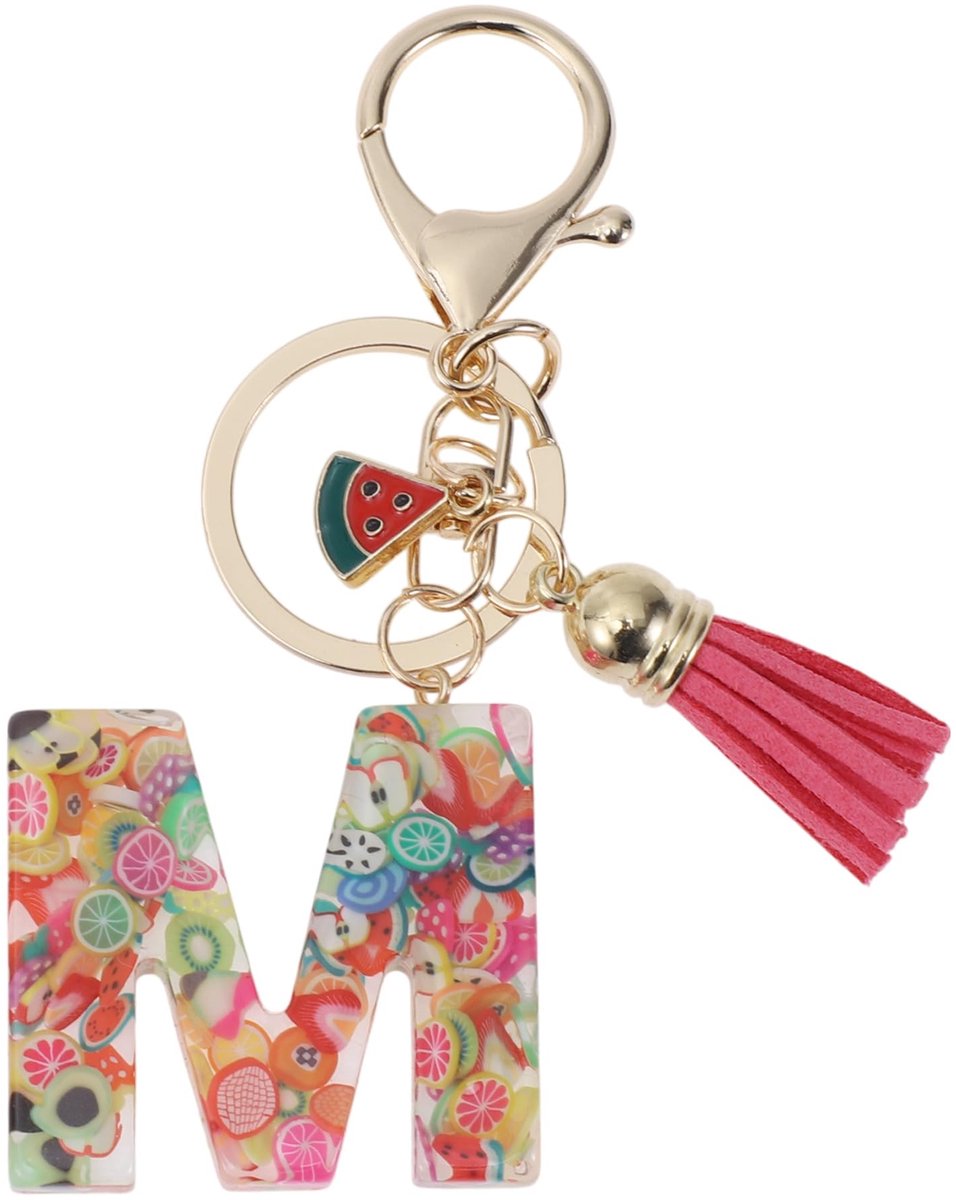 Dailygoods- Sleutelhanger met letter M - Fruitsleutelhanger - Sleutelhanger voor vrouwen - Sleutelhanger met kwastje - Duurzaam harsmateriaal - 9,3 cm lang - Sleutelhanger Met Initiaal