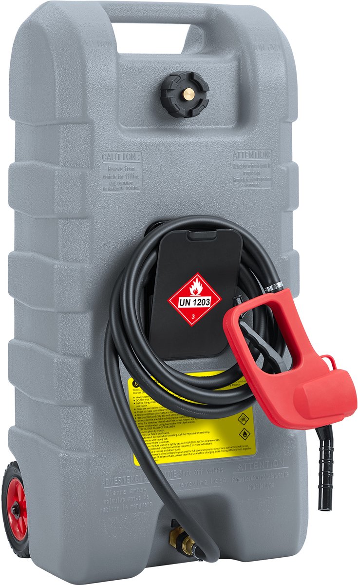 Grijs 15 gallon (56 l) brandstofwagen op wielen met handoverpomppomp en 300 cm slang – slanke robuuste brandstoftank voor benzine en diesel, geschikt voor grasmaaier, auto, boot, ATV, thuisgebruik en landbouw
