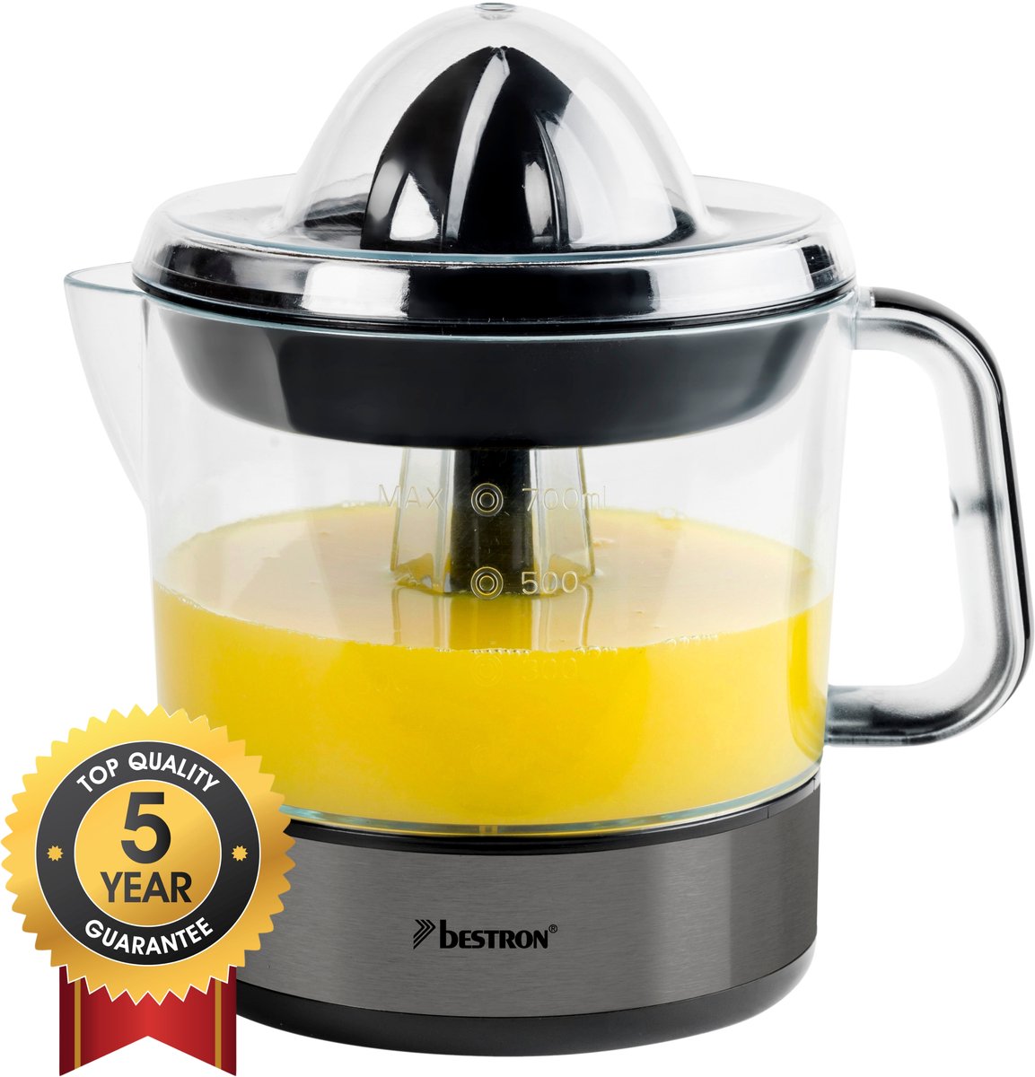 Bestron Citruspers Elektrisch - ACJ350TG - 40W - Incl. 2 perskegels, aromadeksel, sap reservoir - 0,7 Liter - Titangrijs - 5 jaar garantie