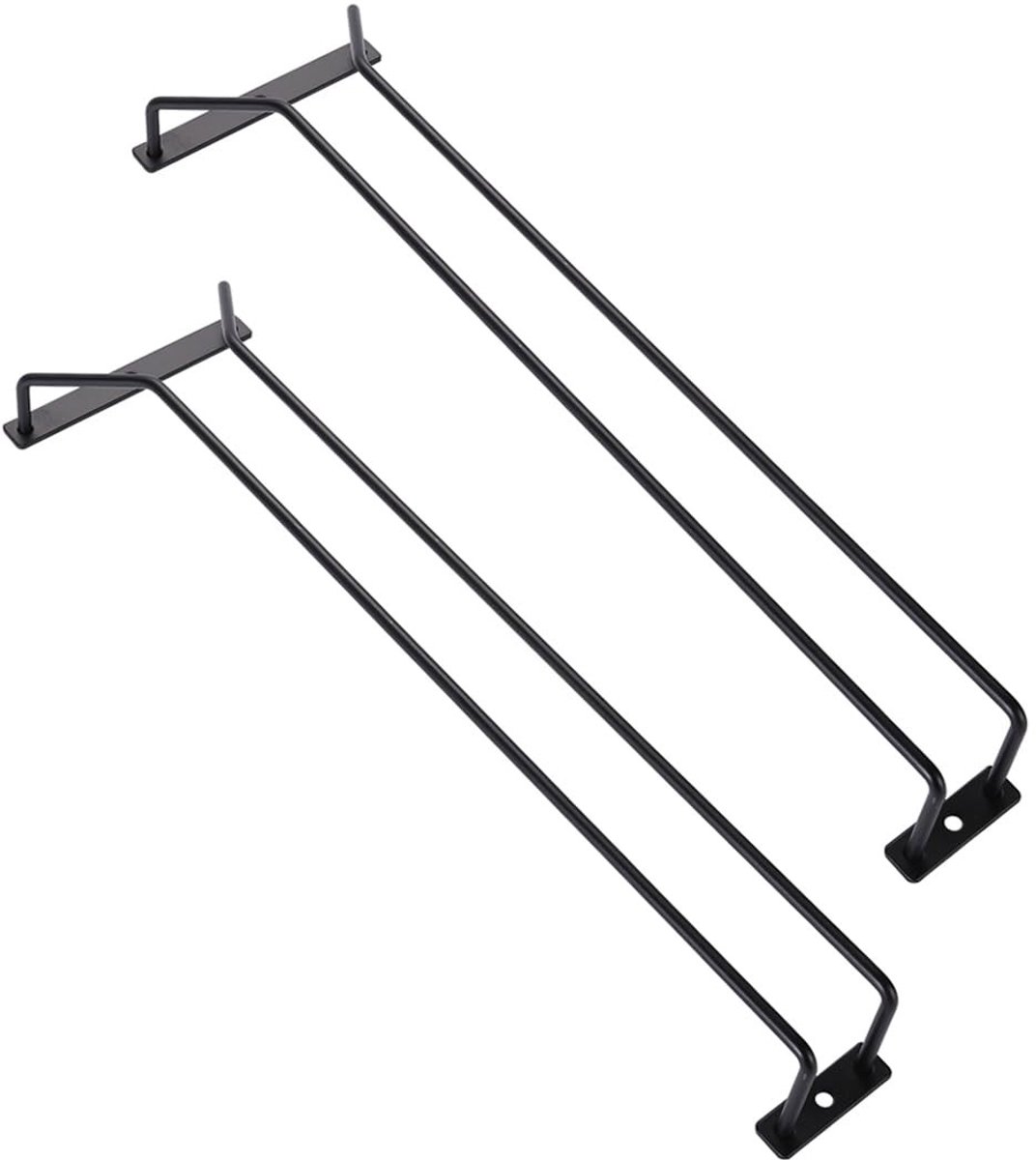 Dailygoods- Wijnglashouder Set van 2 - Onder Plank - Metalen Rek - Zwart - Decoratief - 11x22,5cm / 11x24,5cm - Glasrek