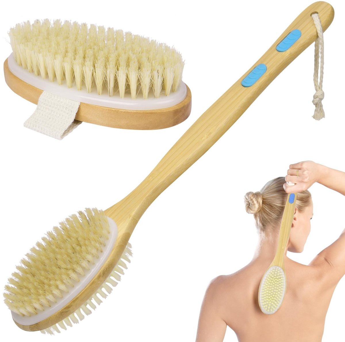 Dailygoods - URAQT Rugborstel, massageborstel, badborstels, dubbelzijdige natuurlijke borstels, doucheborstel, lichaamsborstel, houtschrobber met lange steel voor peeling, massage, verbetert de doorbloeding