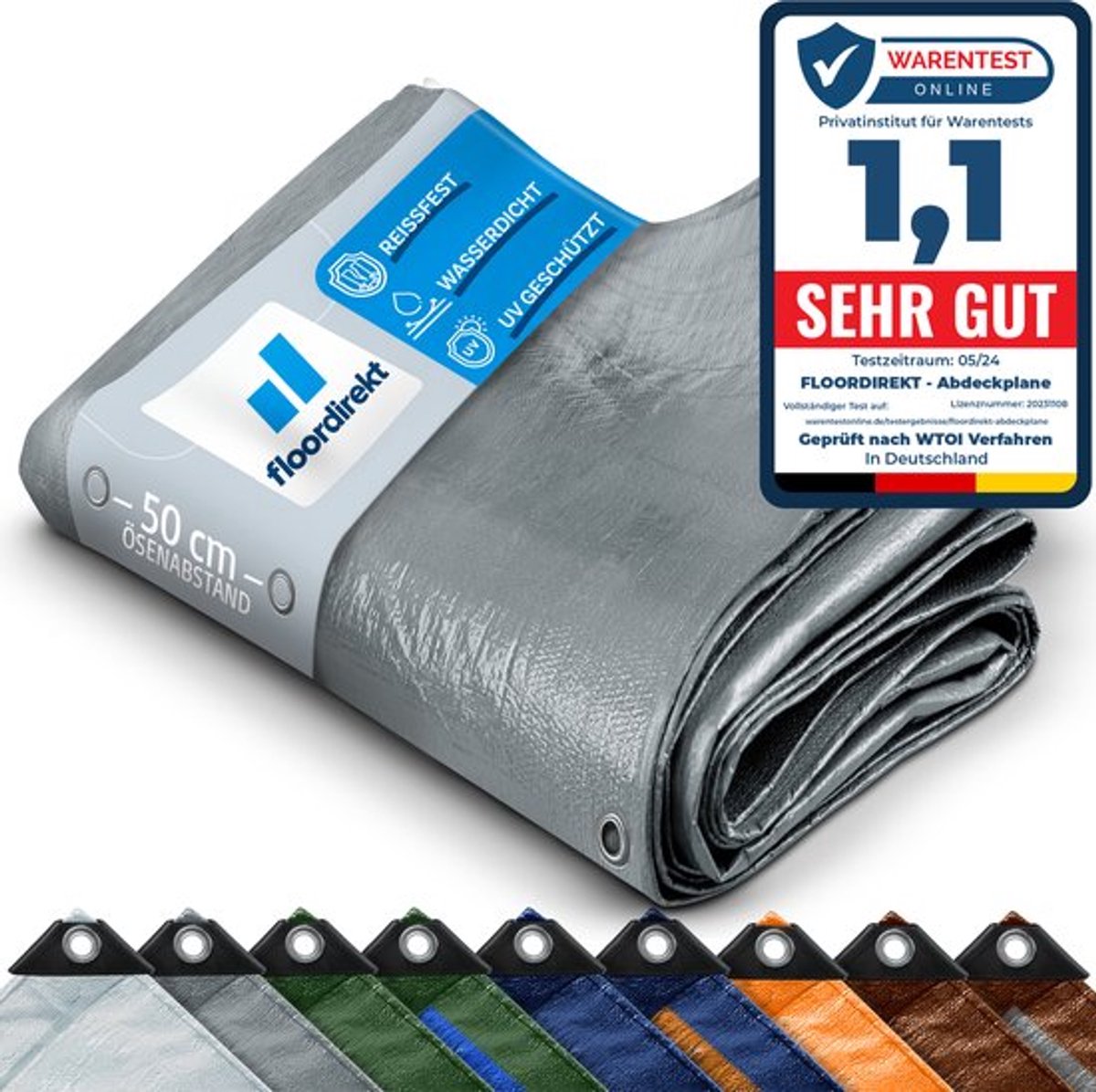FLOORDIREKT Dekzeil - Stoffen Dekzeil - Beschermhoes - Bootzeil - Tentonderzeil voor Camping & Outdoor - Waterdicht - Met Zeilogen - 240 g/m² - Blauw - 10 x 12 m