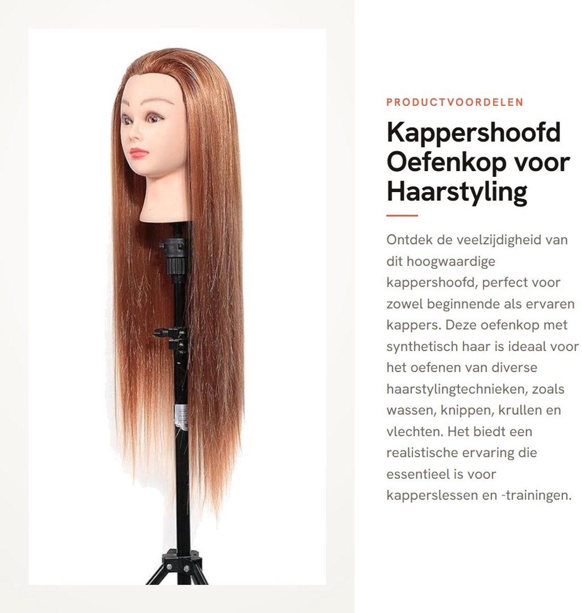 Dailygoods- Kappershoofd met synthetisch haar - Oefenhoofd - Kappershoofd echt haar - Inclusief standaard voor tafelklem - 61 cm haarlengte - Duurzaam en gemakkelijk te kammen - Oefenkop