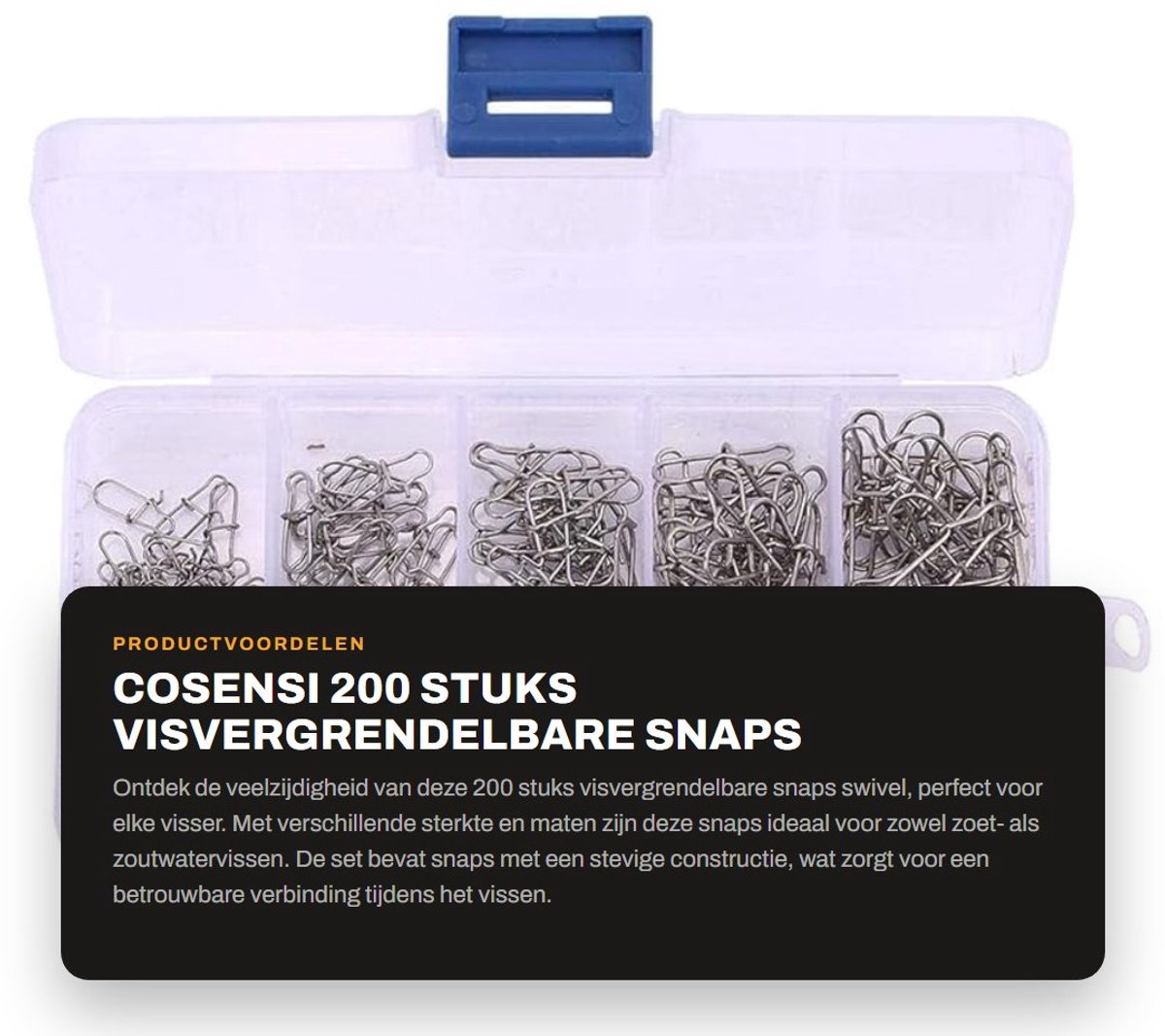 Dailygoods- Snaps Visvergrendelbaar 200 Stuks - Snap-Verbindingsstekker 40 x 0/1/2/3/4 - Roestvrij Staal - Hengelkarabijnhaak - Eenvoudig Ontwerp - Geschikt voor Alle Visdoeleinden - Haak