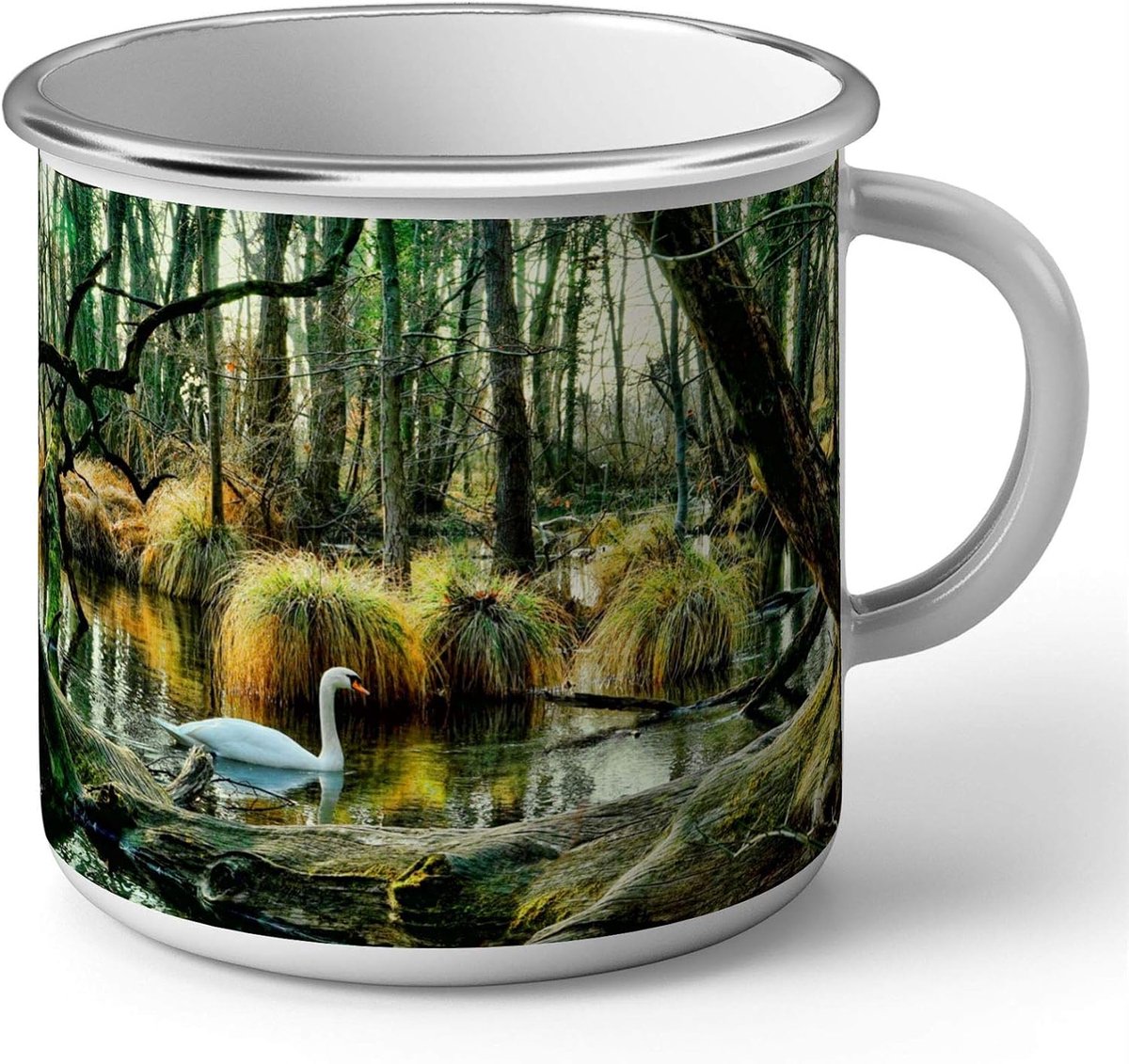 Geëmailleerde mok - Metalen beker - Drinken en decoratie - Onbreekbaar en duurzaam - 284 ml - Wit met print
