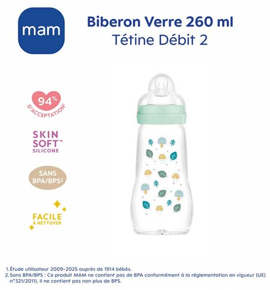 MAM – 260 ml glazen babyfles – Nature Aqua – Flow 2 – SkinSoft — afbeelding 3