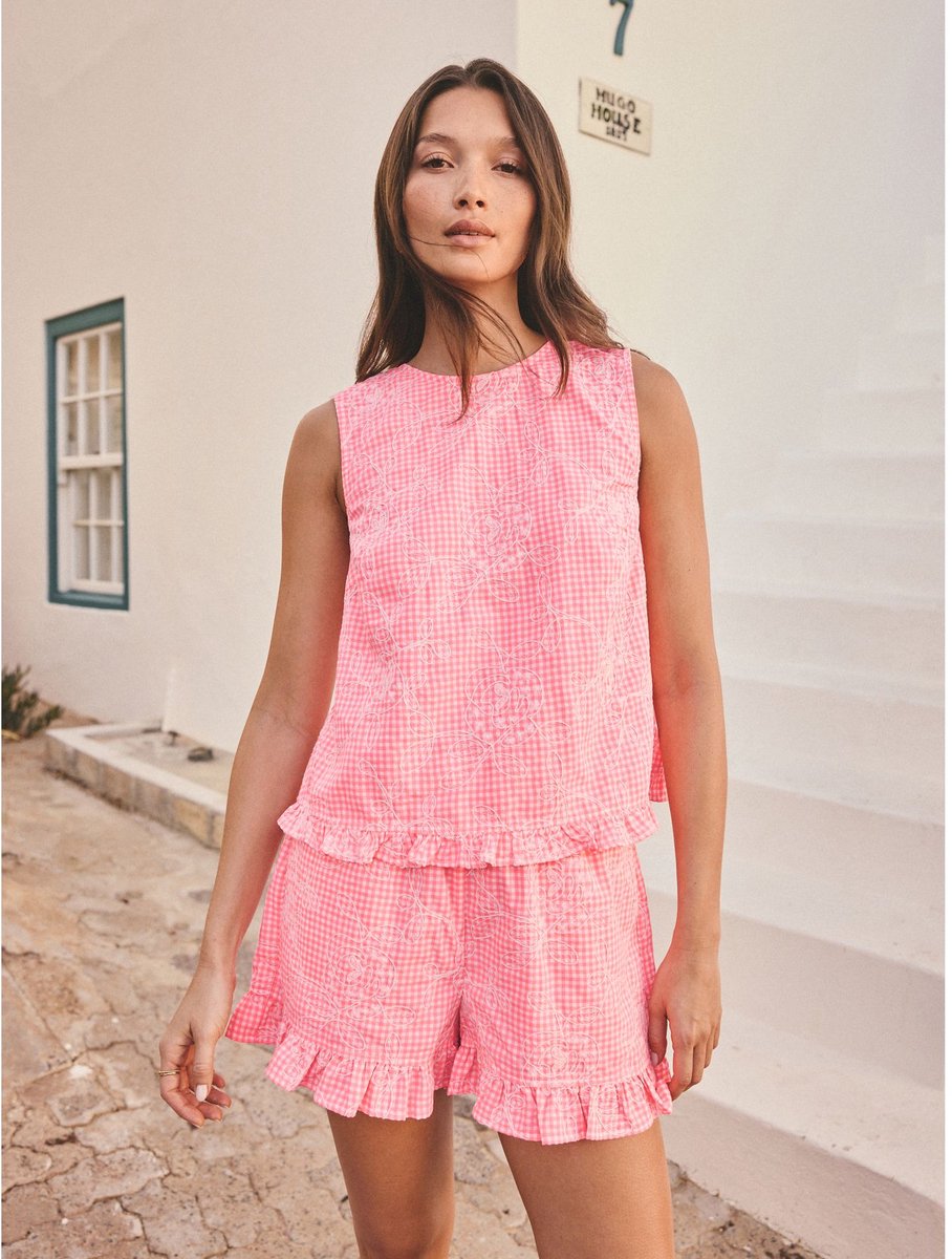 Next - Dames - Gingham-short met borduursel - Roze