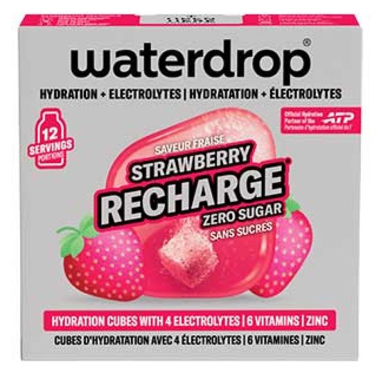 Waterdrop Strawberry Recharge, 12 porties, zero suiker. Bevat 4 elektrolyten, 6 vitamines en zink.