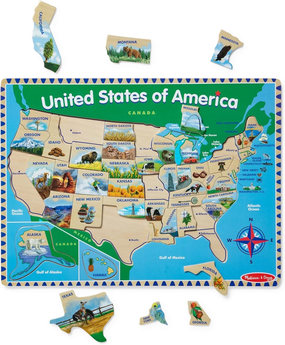 Houten Puzzel - Legpuzzel Kaart - Educatief Spel - 50 Staten Geïdentificeerd - 16x12 Inch - Multicolor