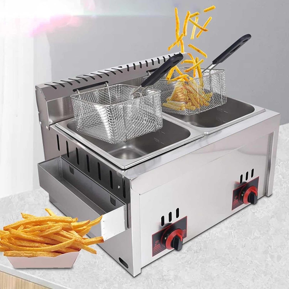 Dubbele Friteuse Frituurpan Dubbel Thuis Frituren Verwijderbare Manden 5-6 Porties Zilver
