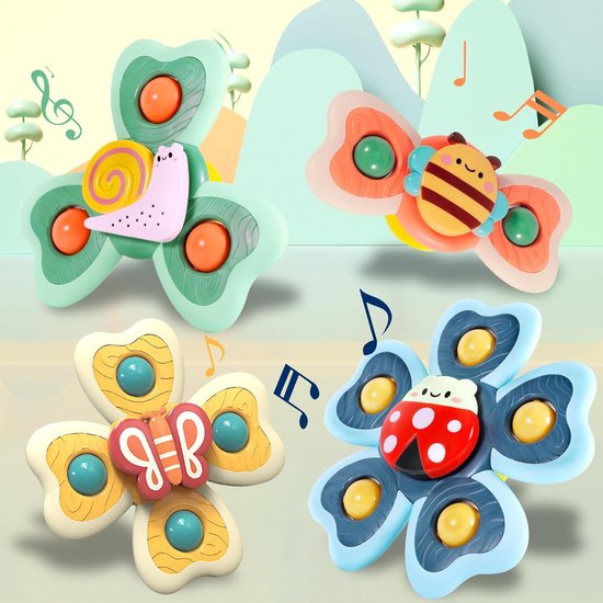 Trois jouets à ventouse: escargot, abeille, coccinelle avec des notes de musique.