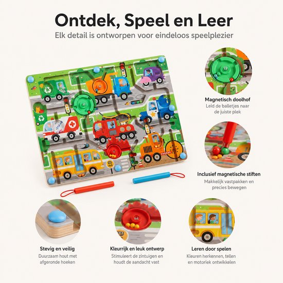 BOTC Magnetisch Doolhof - Houten Montessori Puzzel met Magnetische Pen - Kleuren & Cijfers Leren - Motoriek Speelgoed vanaf 3 Jaar - Auto’s & Verkeer van BOTC — afbeelding 4