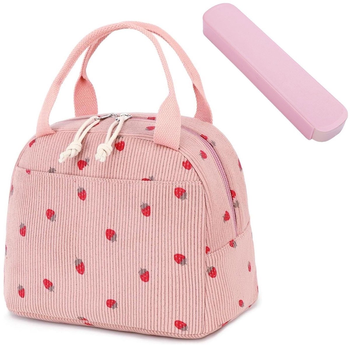 Dailygoods- Lunchtas Aardbei - Geïsoleerd - Draagbare Bestekdoos - Roze - Corduroy Fluweel - 26 x 19 x 18 cm - Lunchbox
