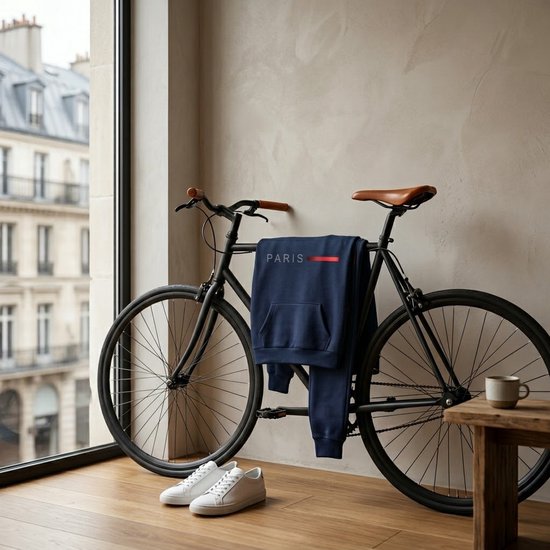 Donkerblauwe trainingsset met "PARIS" opdruk, hangend aan een fiets bij een raam.