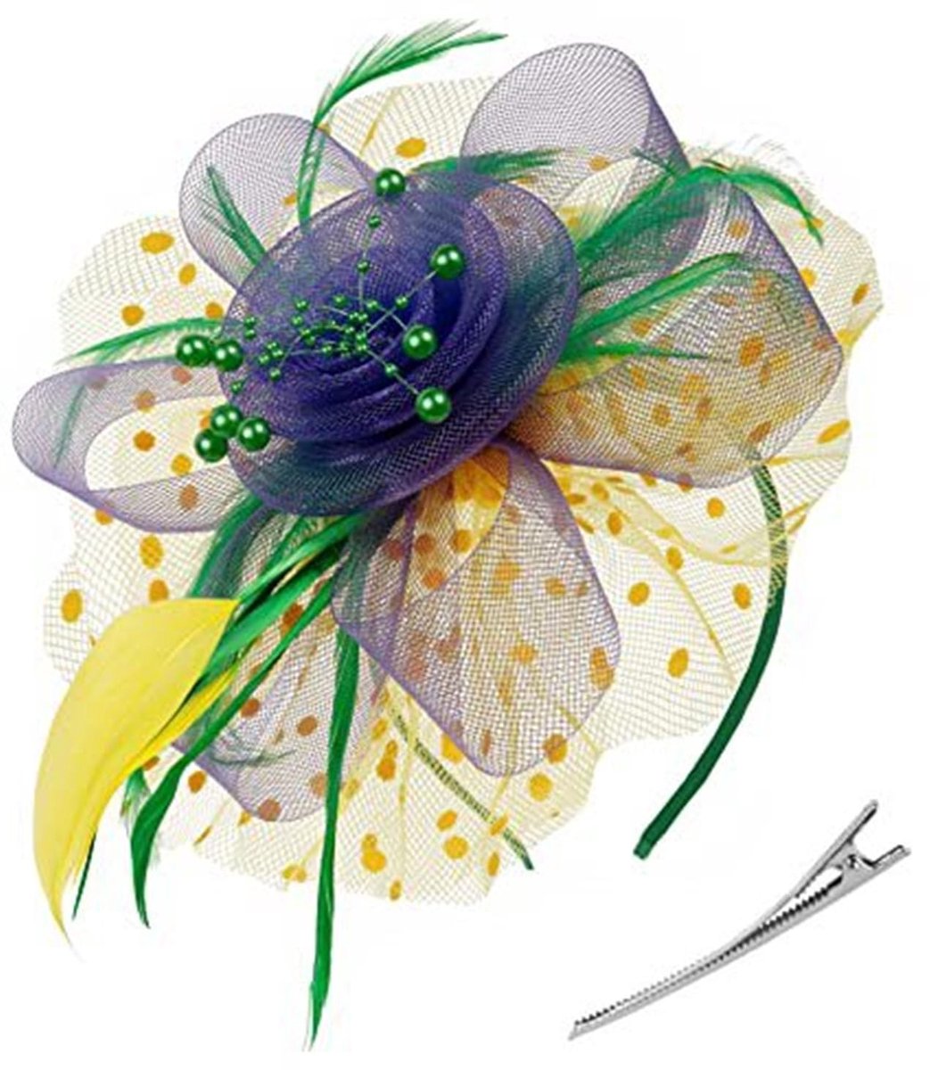 Dailygoods- Bowler-hoed Vintage - Mesh hoofddeksel - Bloemenhart Haarstukje - Dames/Meisjes - Geel/Violetgroen - Perfect voor Feestjes - Fascinator