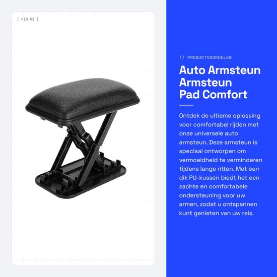 Zwarte, verstelbare auto armsteun met de titel 'Auto Armsteun Pad Comfort'.