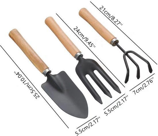 Cosensi- Tuinieren Tool Set Mini - 2x Hark/Spade/Schep - Lichtgewicht - Roestvrij Staal - Massief Houten Handvat - Voor Indoor/Outdoor Gebruik - Tuingereedschap van Cosensi — afbeelding 2