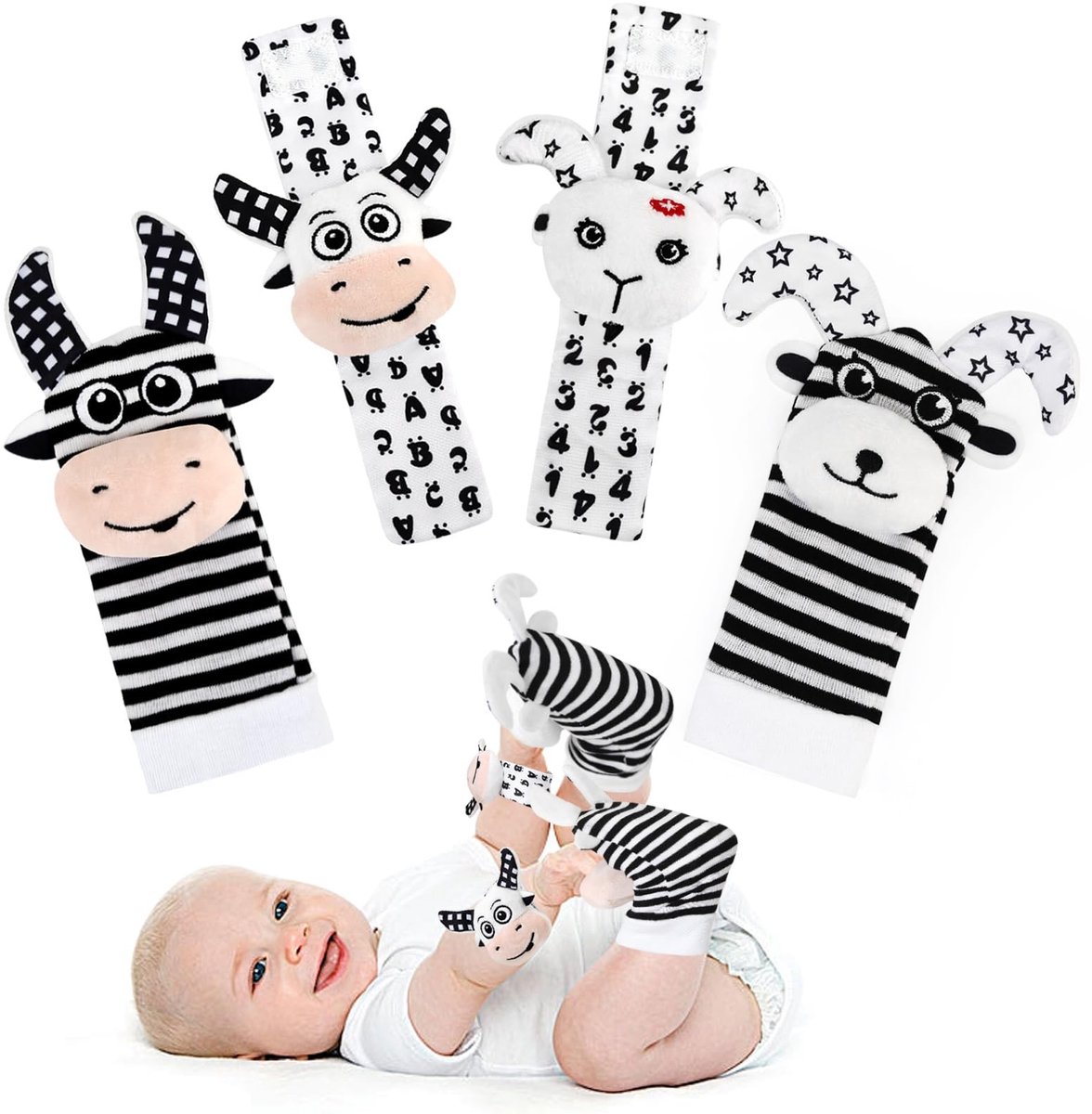 Dailygoods- Rammelaar Set - 4 Stuks Pols/Voetbandjes - Zacht Katoen/Polyester - Sensorische Stimulatie - Veilig Baby Speelgoed - Schattige Dieren - Babyspeelgoed