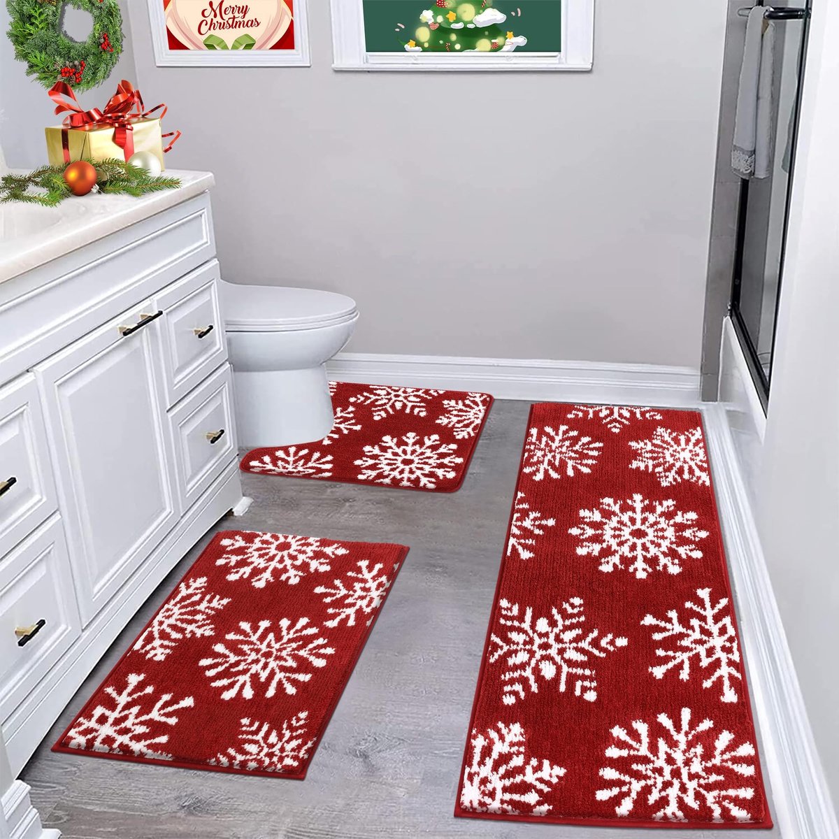 Dailygoods - Enyhom Kerst Badkamer Matsets 3 stuks antislip machinewasbare kerst badmatset en toiletmat met sneeuwpatroon, super absorberende waterbadmatten voor badkamer, rood