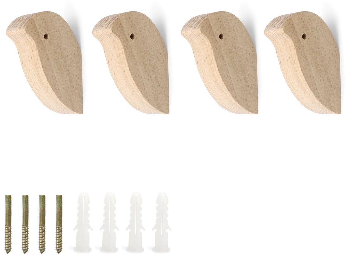 Dailygoods- Kledinghaken 4 Stuks - Vogelvorm - Houten Wandhaken - Decoratieve Jas Haken -