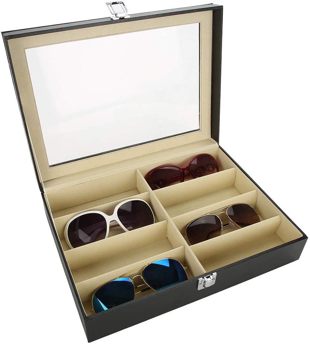 Opbergdoos voor 8 brillen van PU-leer - Brillen organizer voor zonnebrillen - Luxe brillendisplay 33,5 x 24,5 x 8,5 cm.