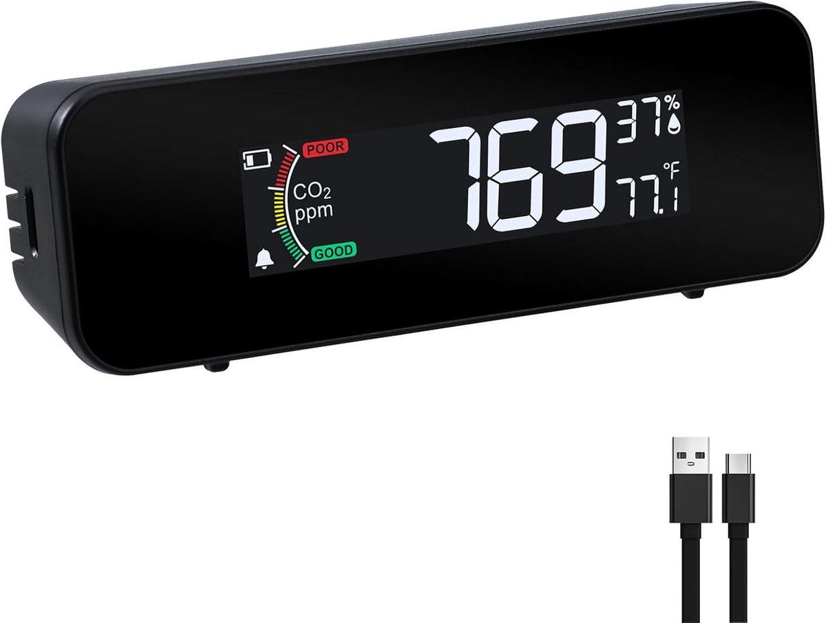 CO2-meter - Luchtkwaliteitmeter - Binnenlucht Meten - 3-in-1 Sensor - 0-5000 ppm - Wit