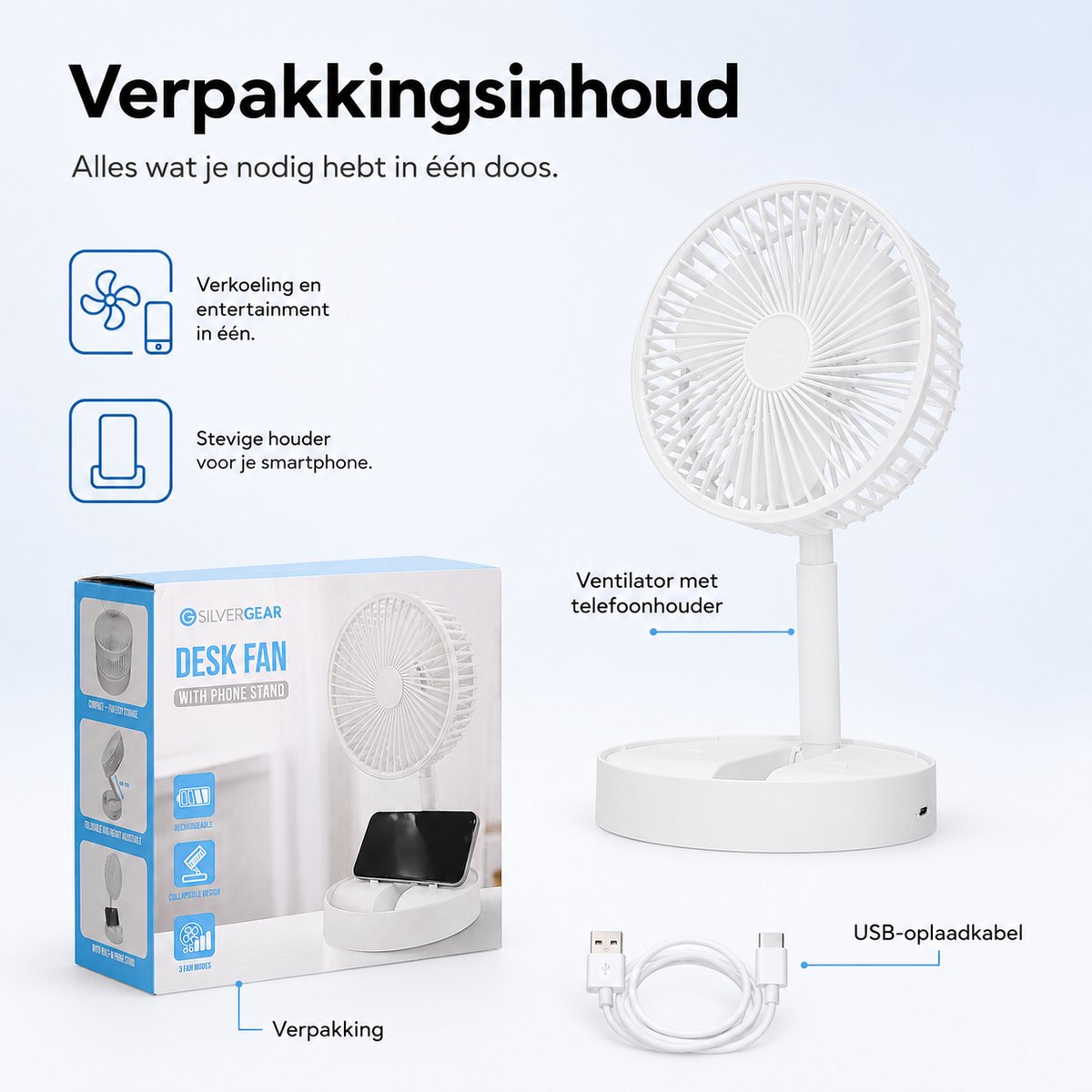 Tafelventilator met Telefoonhouder - USB-C Oplaadbaar - 3 Standen - Opvouwbaar en Draadloos - Staande Mini Ventilator - Fan - Verkoeling - WK Voetbal Kijken Accessoire - Kleine Aircooler - Mobiele Airco - 16,5 x 16,5 x 8 cm - Wit - Silvergear — afbeelding 6