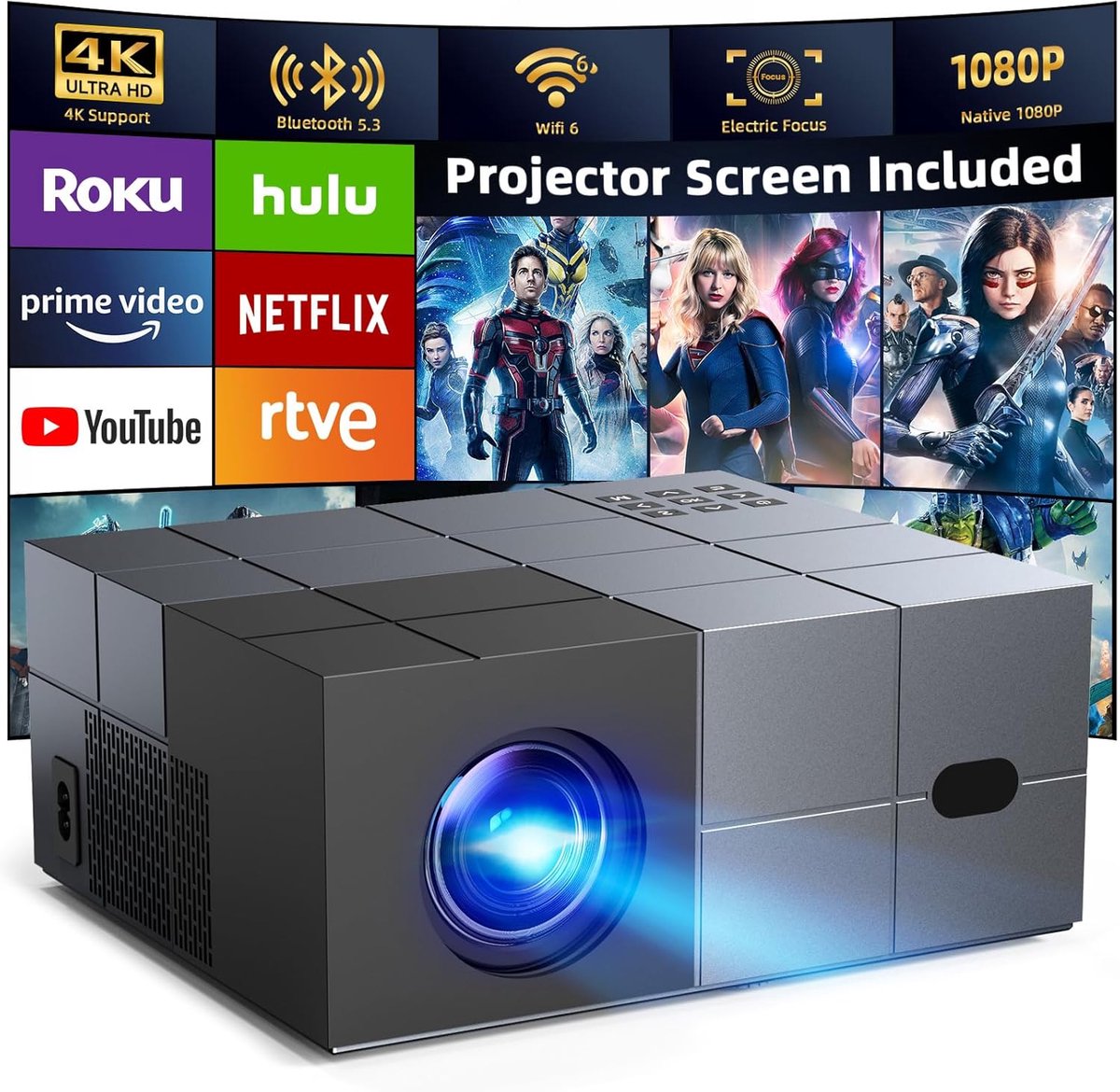 Draadloze Beamer - Film Projector - Thuisbioscoop Creëren - Elektrische Focus - 450 Inch Beeld - Grijs