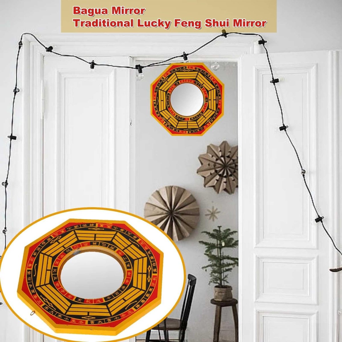 Dailygoods- Bagua-Spiegel Traditioneel - Feng Shui-Spiegel - Houten Omlijsting - Hangend Ornament - Bescherming tegen Negatieve Energie - Geluk Brengen