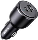 Zwarte UGREEN autolader met twee USB-poorten, één USB-A en één USB-C.